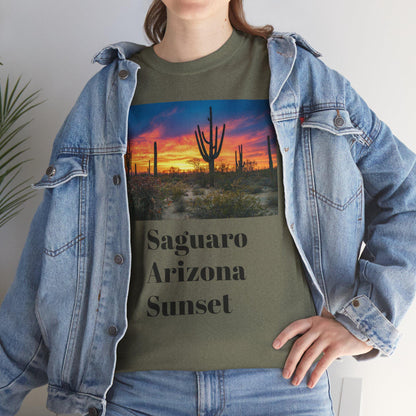Saguaro Arizona Desert Tee Unisex Heavy Cotton Shirt with Desert Sunset Hues & Landscape Dreaming Design