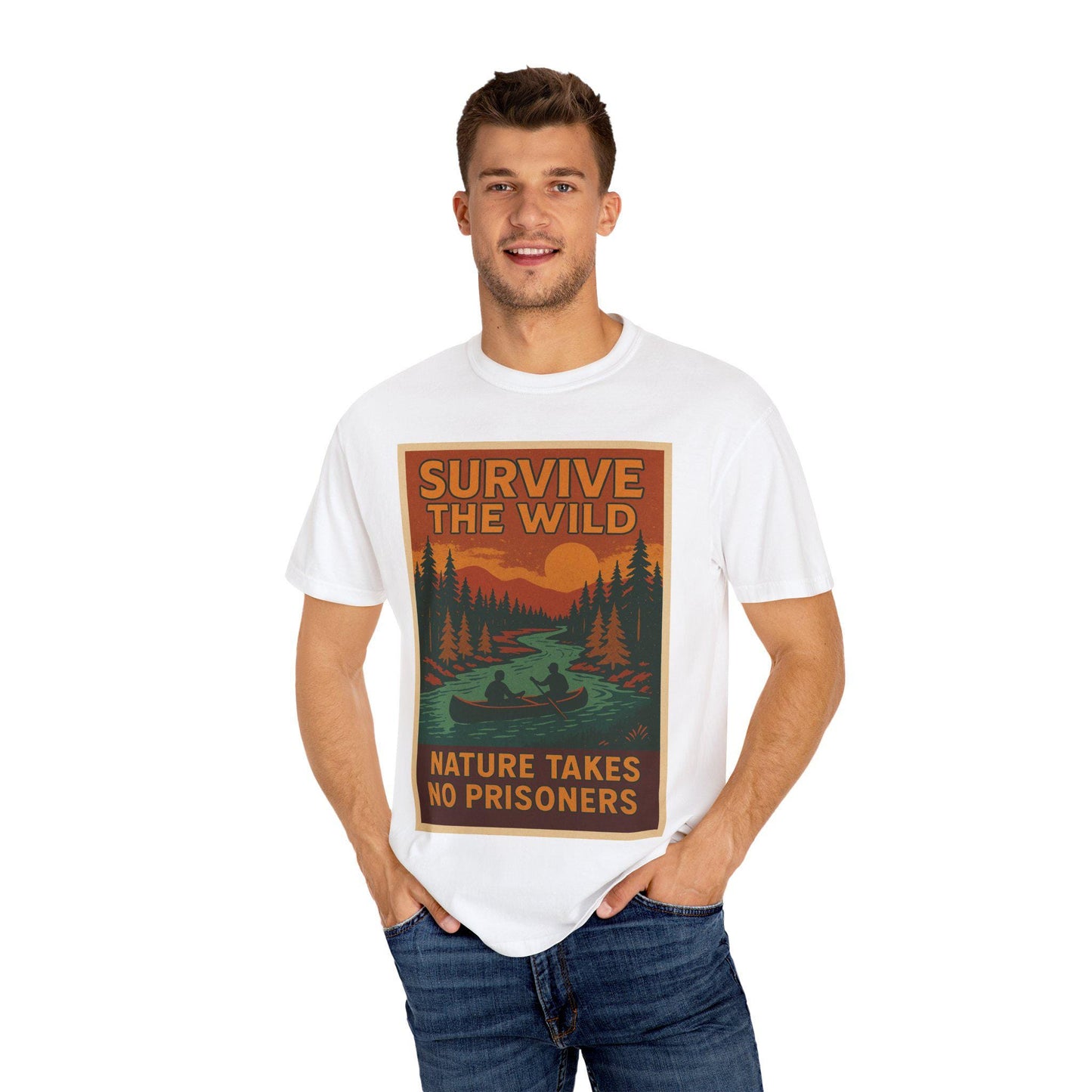Survive the Wild Nature Graphic Tee  Outdoor Lovers Canoeing Shirt, Unisex Garment-Dyed T-Shirt for Adventure & Wilderness Fans
