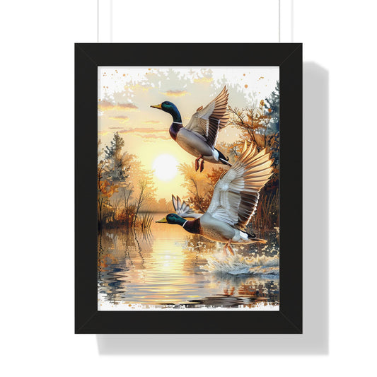 Mallard Ducks Flying Over Lake Framed Vertical Poster  Perfect Gift for Hunters & Nature Lovers, Outdoor Decor, Duck Hunting Season