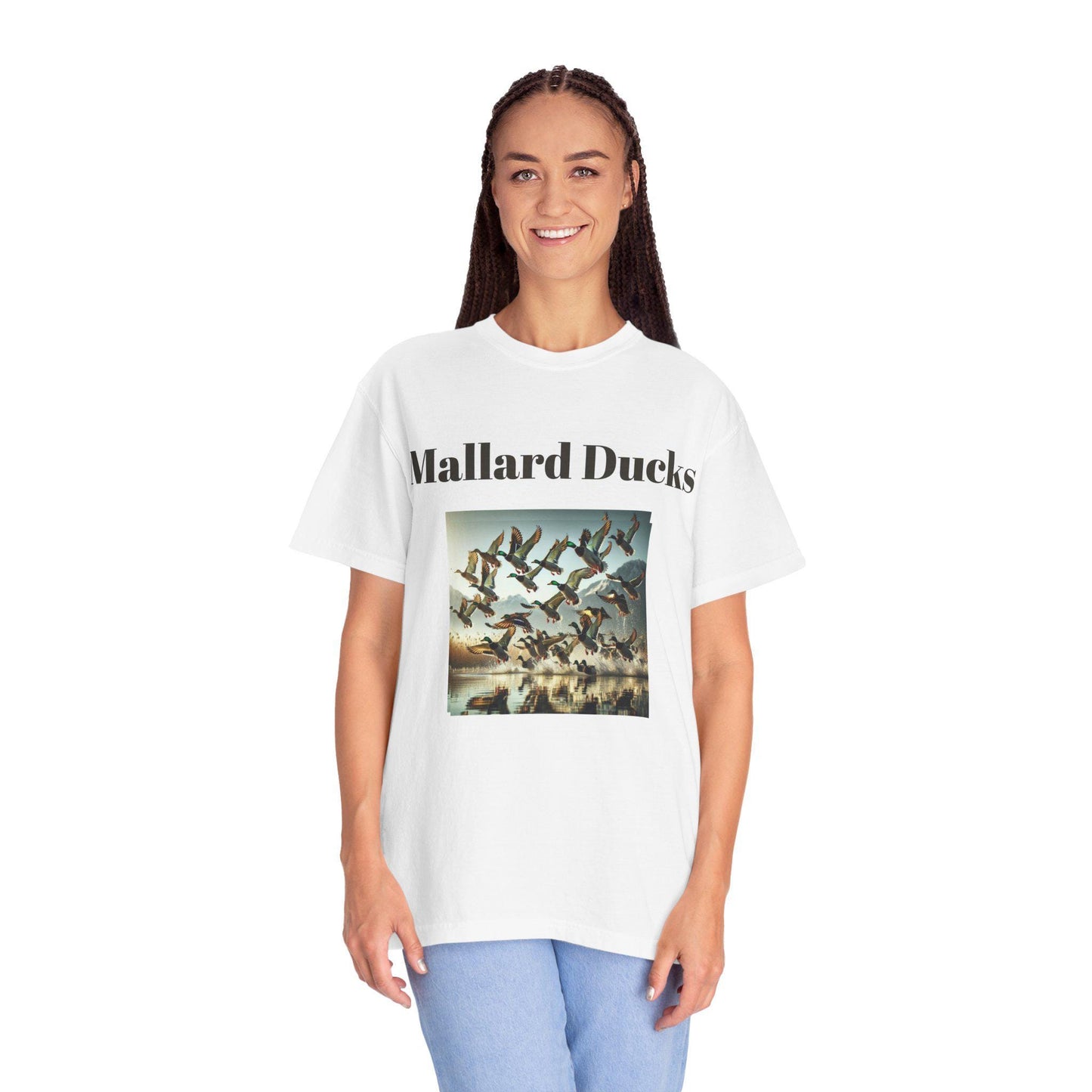 Mallard Ducks T-Shirt Unisex Nature Scene Tee with Ducks Landing on Lake Vintage Garment-Dyed Shirt