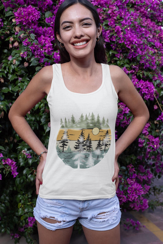Vintage Retro Forest Trees Unisex Jersey Tank Top, Nature Outdoors Womens Sleeveless Shirt, Casual Summer Graphic Tee