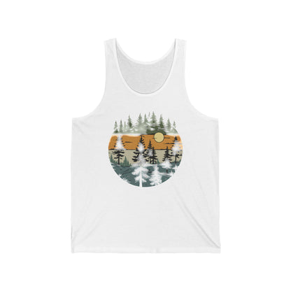 Vintage Retro Forest Trees Unisex Jersey Tank Top, Nature Outdoors Womens Sleeveless Shirt, Casual Summer Graphic Tee