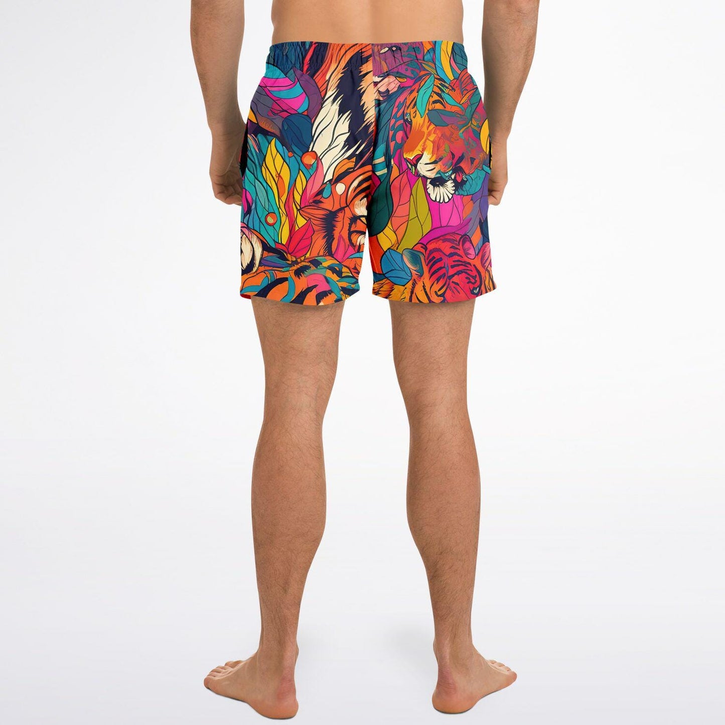 Tiger Print Swim Trunks Men Bright Colored All-Over Print Beach Shorts Quick Dry Summer Swimwear
