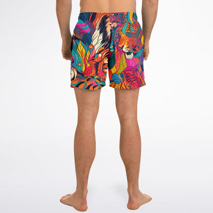 Tiger Print Swim Trunks Men Bright Colored All-Over Print Beach Shorts Quick Dry Summer Swimwear