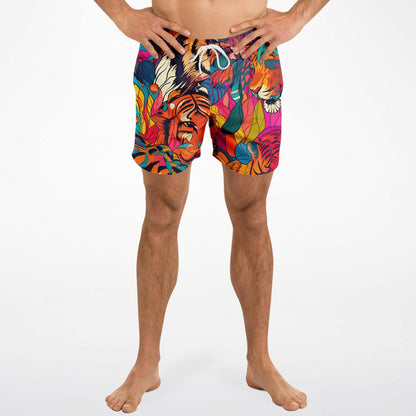 Tiger Print Swim Trunks Men Bright Colored All-Over Print Beach Shorts Quick Dry Summer Swimwear