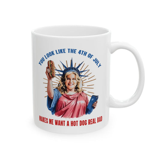 4th of July Ceramic Mug 11oz & 15oz Patriotic Independence Day Coffee Cup Makes Me Want a Hotdog