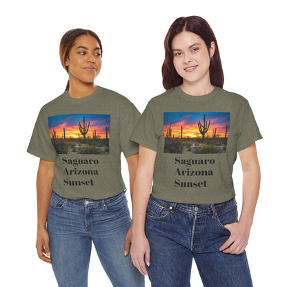 Saguaro Arizona Desert Tee Unisex Heavy Cotton Shirt with Desert Sunset Hues & Landscape Dreaming Design