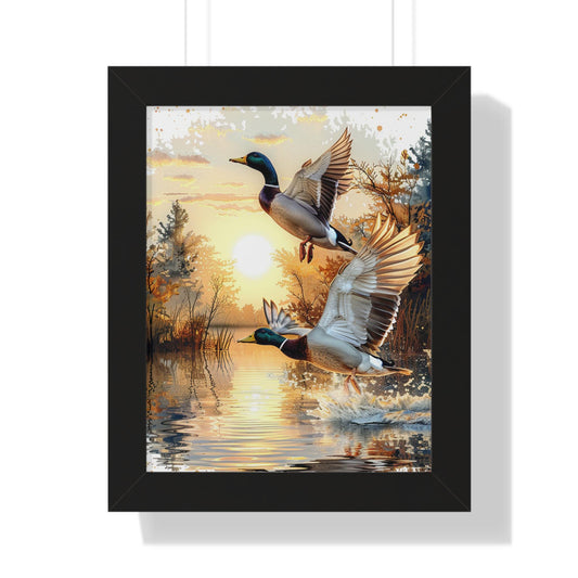 Mallard Ducks Flying Over Lake Framed Vertical Poster  Perfect Gift for Hunters & Nature Lovers, Outdoor Decor, Duck Hunting Season