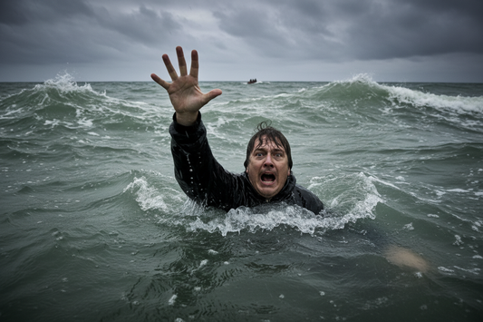 Person alone in stormy ocean water, arm raised, small boat barely visible in the distance