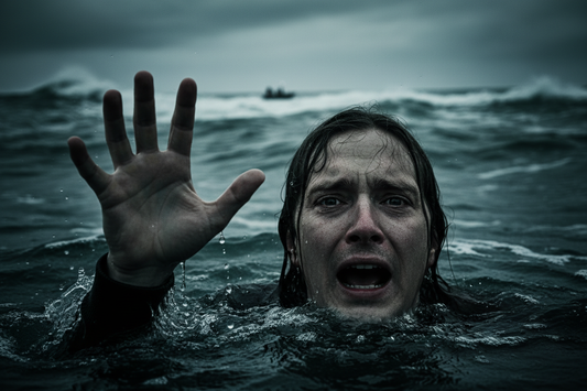 Close-up of person in stormy ocean water, face and raised hand dominant, desperate expression, small boat barely visible in background
