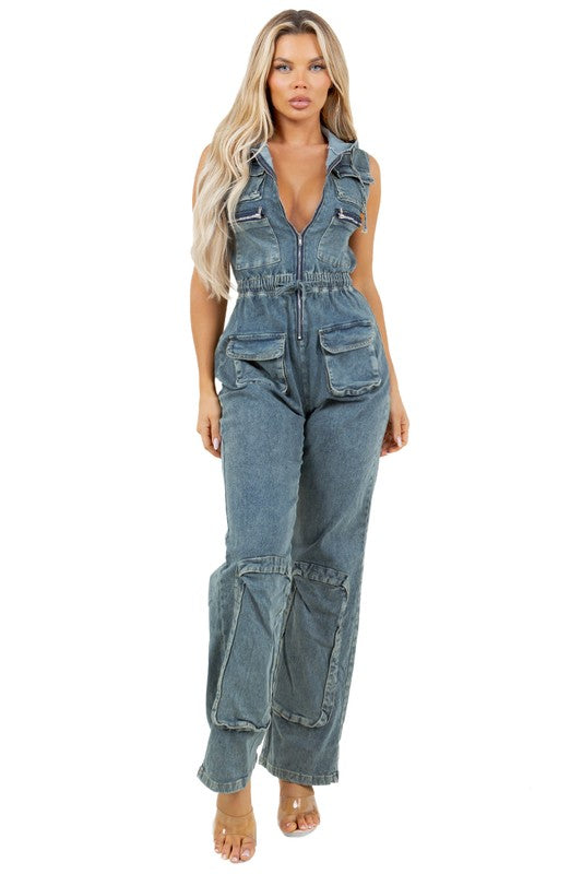 Denim Cargo Style Jumpsuit for Women - Toddcraft