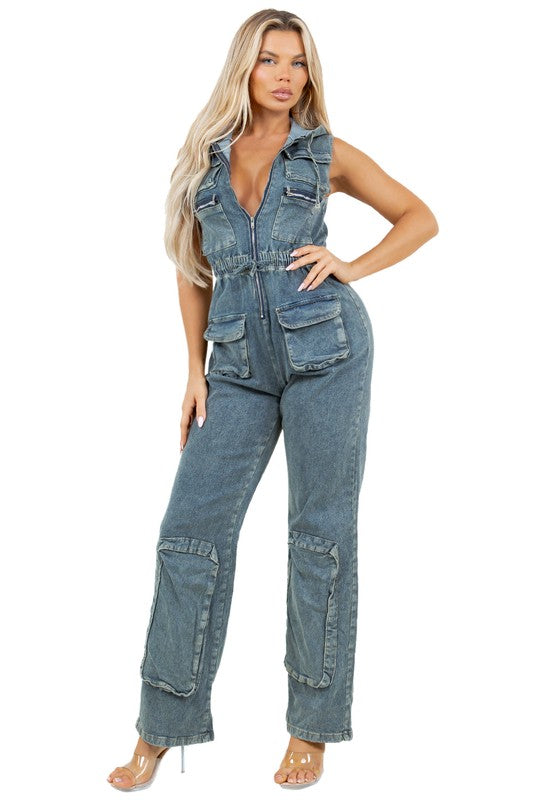 Denim Cargo Style Jumpsuit for Women - Toddcraft