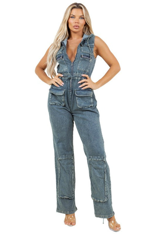 Denim Cargo Style Jumpsuit for Women - Toddcraft