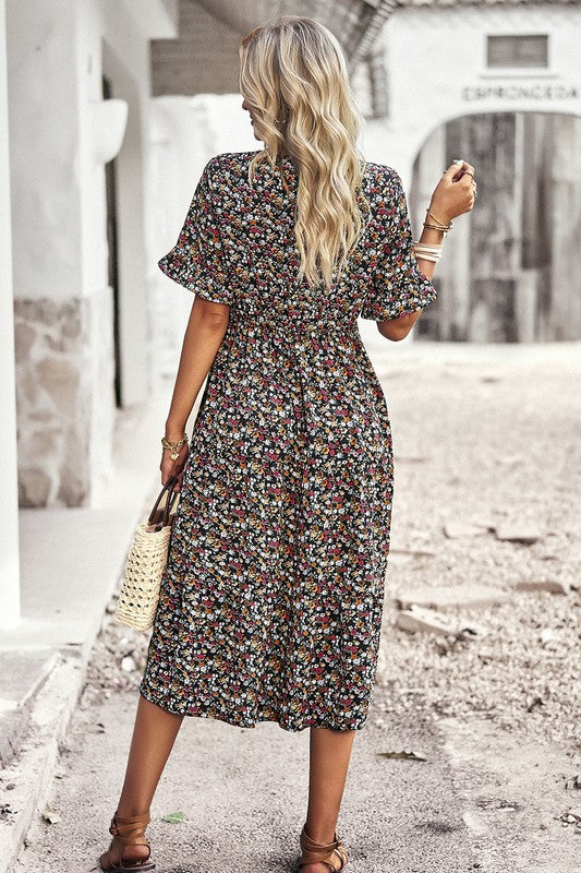 Boho Floral Ruffle Hem V Neck Short Sleeve Dress - Toddcraft