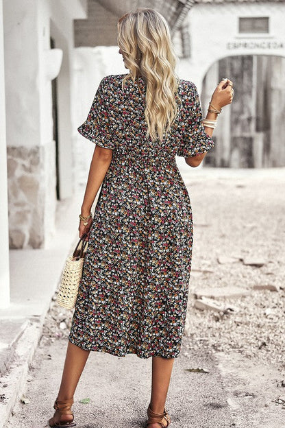 Boho Floral Ruffle Hem V Neck Short Sleeve Dress - Toddcraft