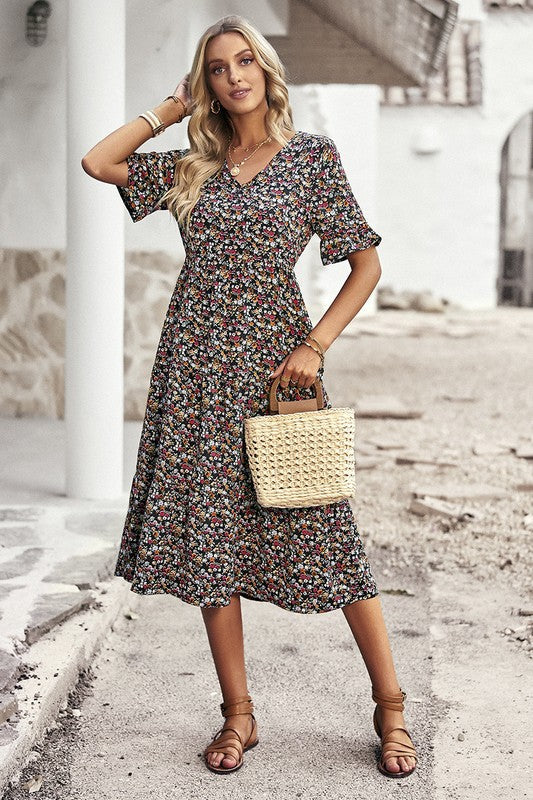 Boho Floral Ruffle Hem V Neck Short Sleeve Dress - Toddcraft