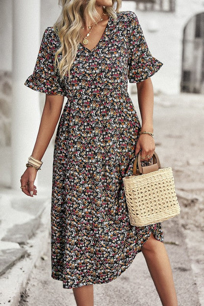 Boho Floral Ruffle Hem V Neck Short Sleeve Dress - Toddcraft
