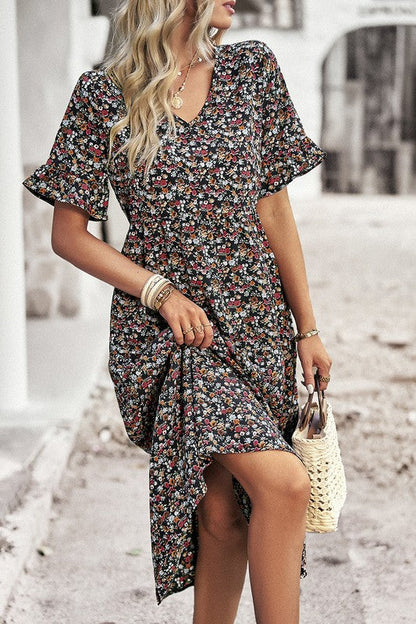 Boho Floral Ruffle Hem V Neck Short Sleeve Dress - Toddcraft