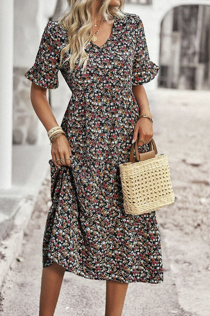 Boho Floral Ruffle Hem V Neck Short Sleeve Dress - Toddcraft