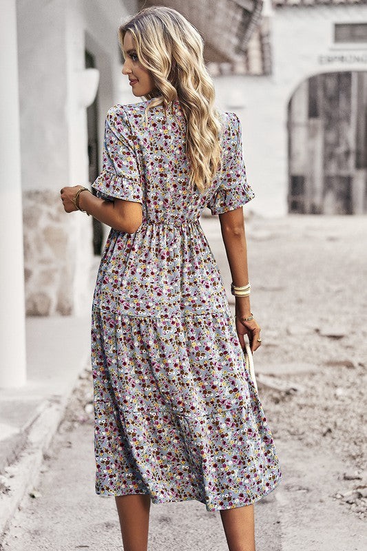 Boho Floral Ruffle Hem V Neck Short Sleeve Dress - Toddcraft