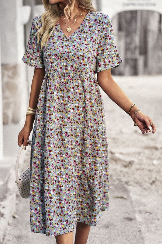 Boho Floral Ruffle Hem V Neck Short Sleeve Dress - Toddcraft