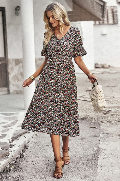 Boho Floral Ruffle Hem V Neck Short Sleeve Dress - Toddcraft