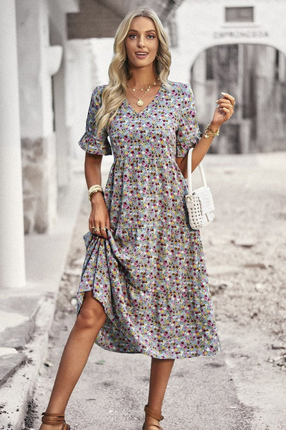 Boho Floral Ruffle Hem V Neck Short Sleeve Dress - Toddcraft