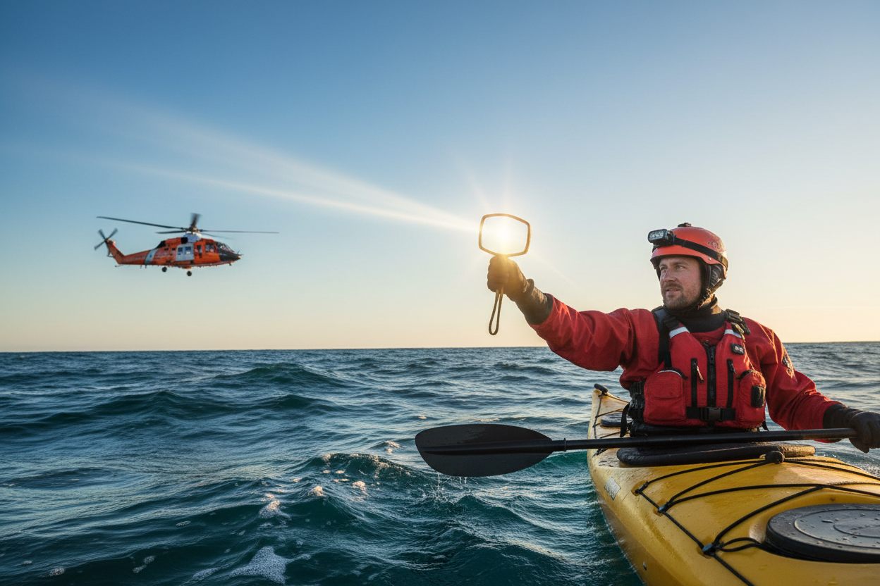 Kayaker signaling rescue helicopter with mirror