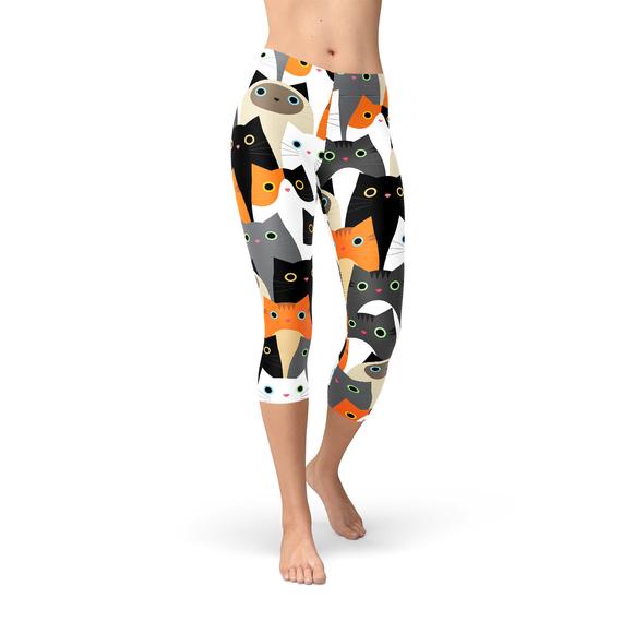 Womens All Over Print Cats Capri Leggings - Toddcraft