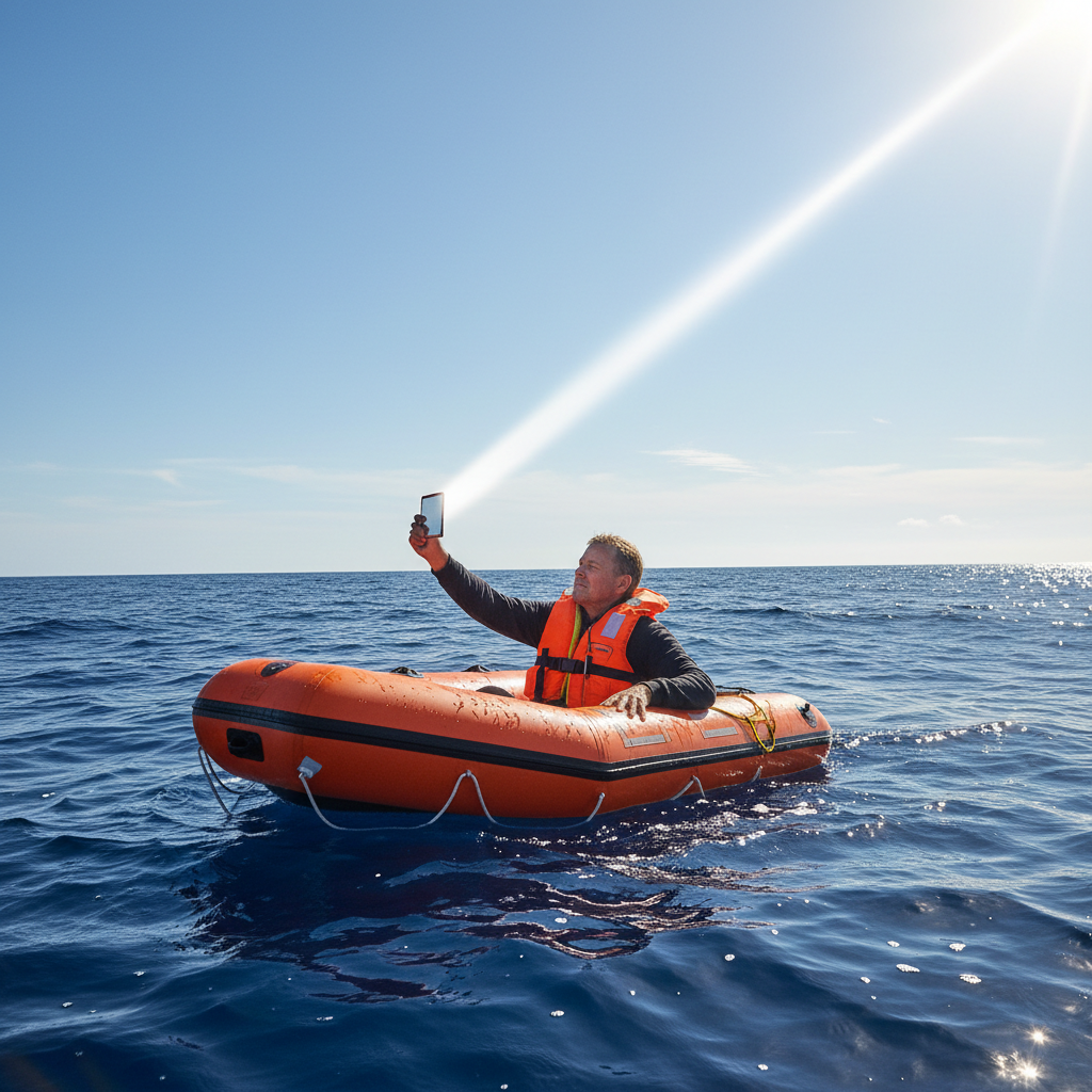 Ocean survival - person on life raft using signal mirror