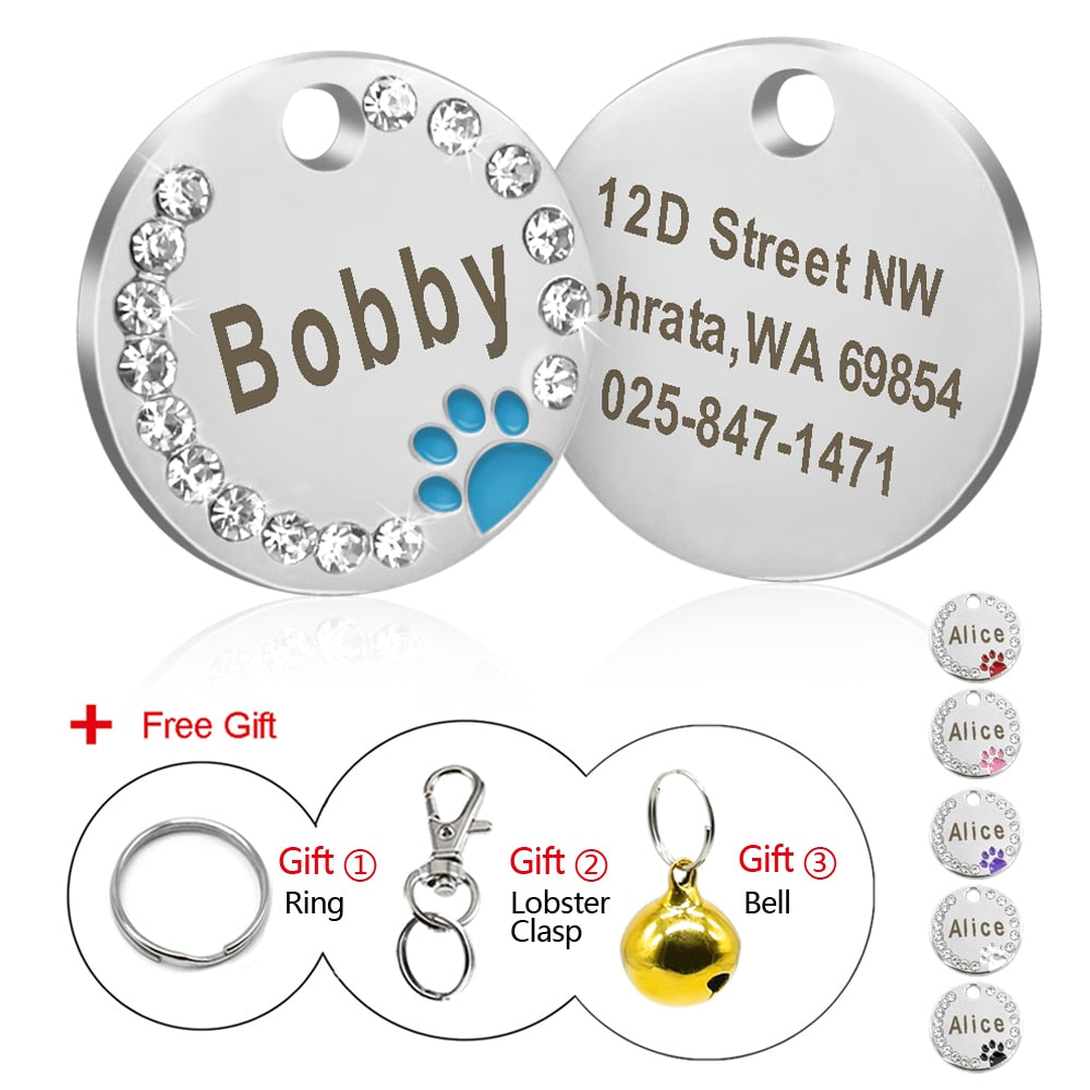 Dog ID Tag Customized Engraved - Crystal Metal Pet Tags - Toddcraft