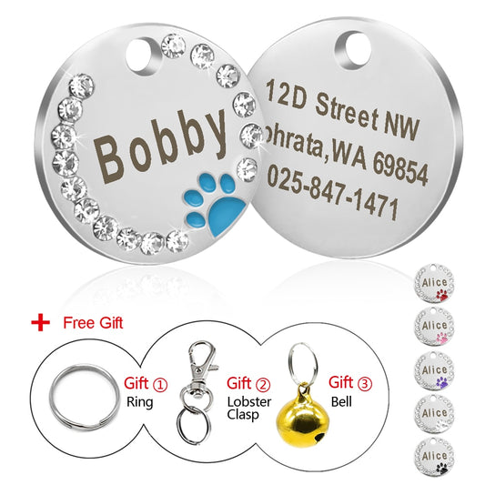 Dog ID Tag Customized Engraved - Crystal Metal Pet Tags - Toddcraft