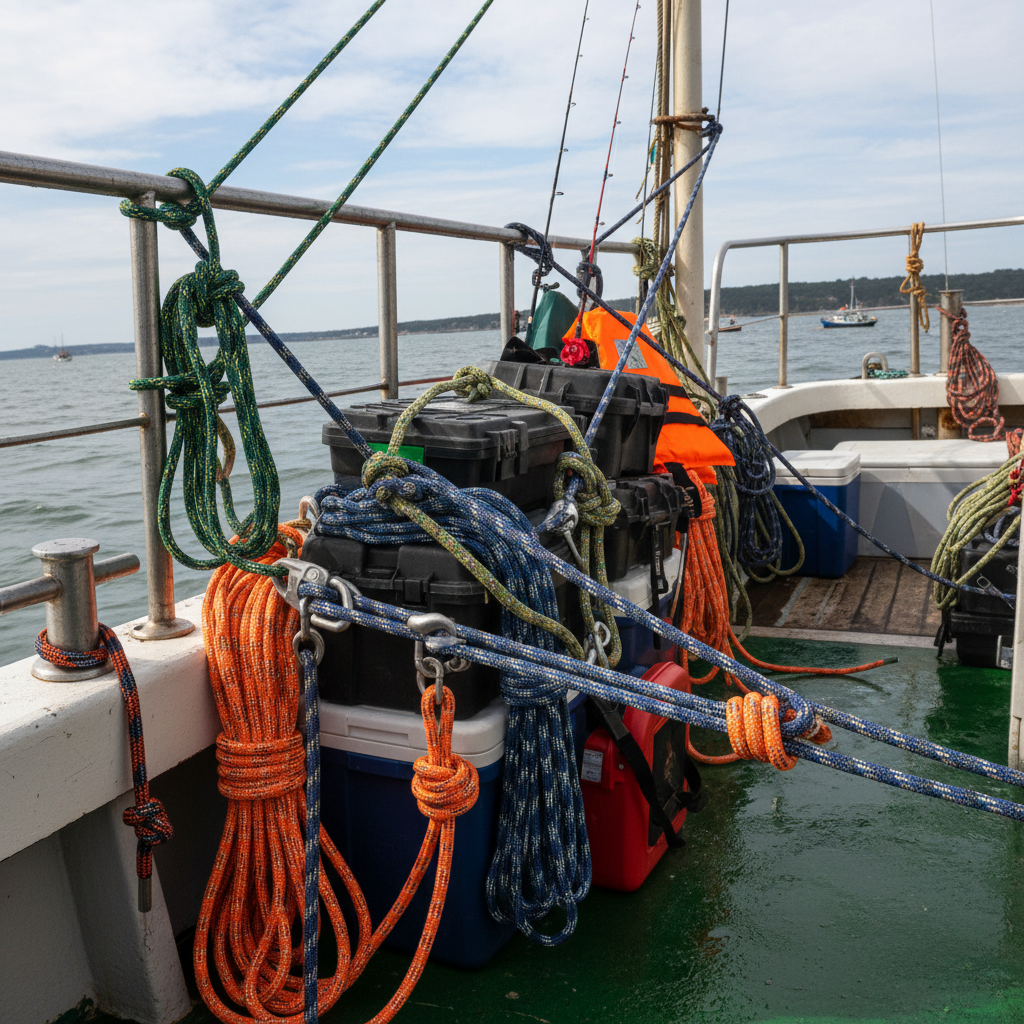 Paracord securing gear on fishing boat