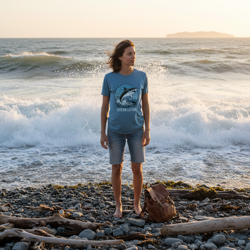 Person in shark tee on rocky beach
