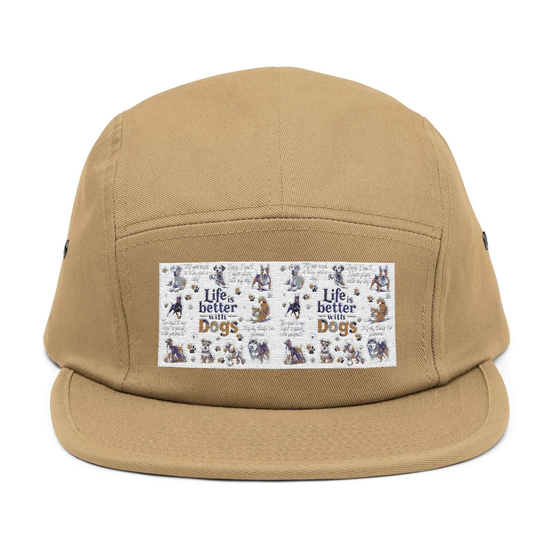 Dog Lovers 5 Panel Cap with "Life's Better with Dogs" embroidery on the front, featuring a low-profile design and adjustable strap.