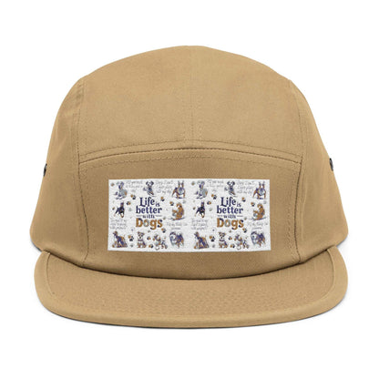 Dog Lovers 5 Panel Cap with "Life's Better with Dogs" embroidery on the front, featuring a low-profile design and adjustable strap.