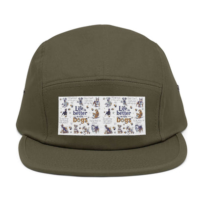 Dog Lovers 5 Panel Cap with "Life's Better with Dogs" Embroidery, Olive Green, Cotton, Adjustable Strap.