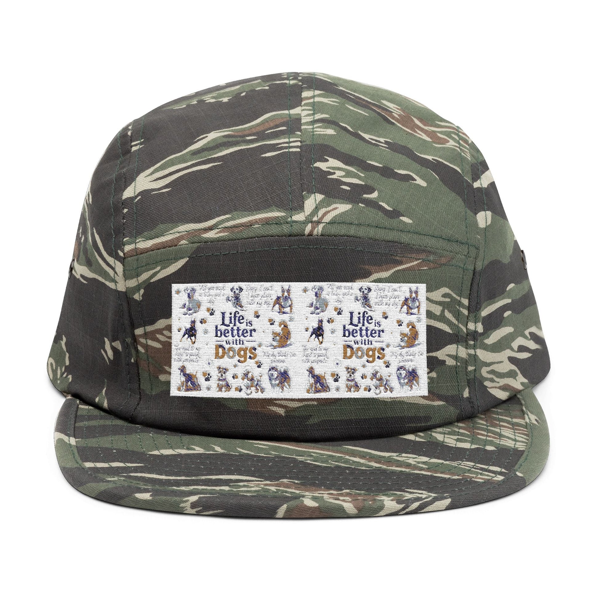 Dog Lovers 5 Panel Cap with "Life's Better with Dogs" embroidery on camouflage design.