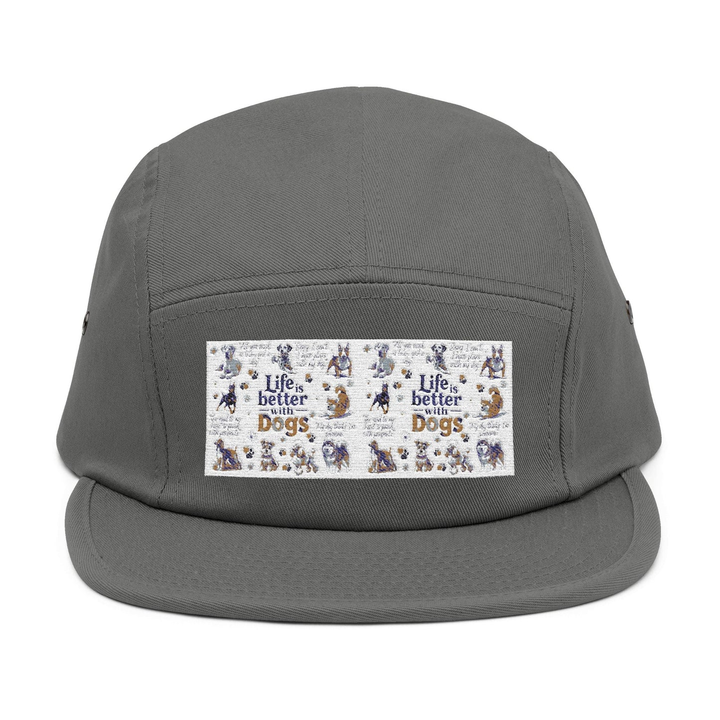 Dog Lovers 5 Panel Cap with "Life's Better with Dogs" embroidery, breathable cotton, adjustable fit.