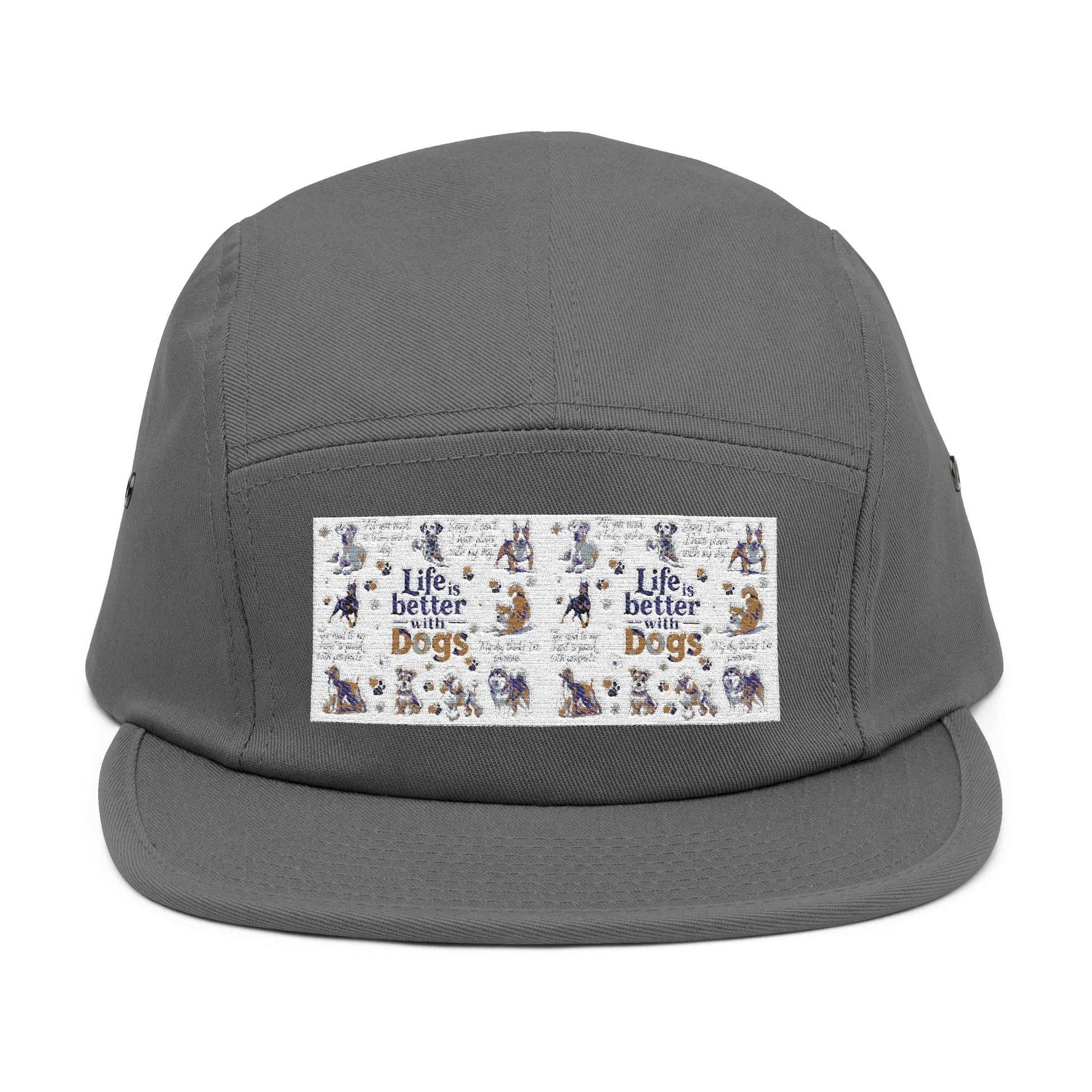 Dog Lovers 5 Panel Cap with "Life's Better with Dogs" embroidery, breathable cotton, adjustable fit.