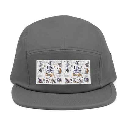 Dog Lovers 5 Panel Cap with "Life's Better with Dogs" embroidery, breathable cotton, adjustable fit.