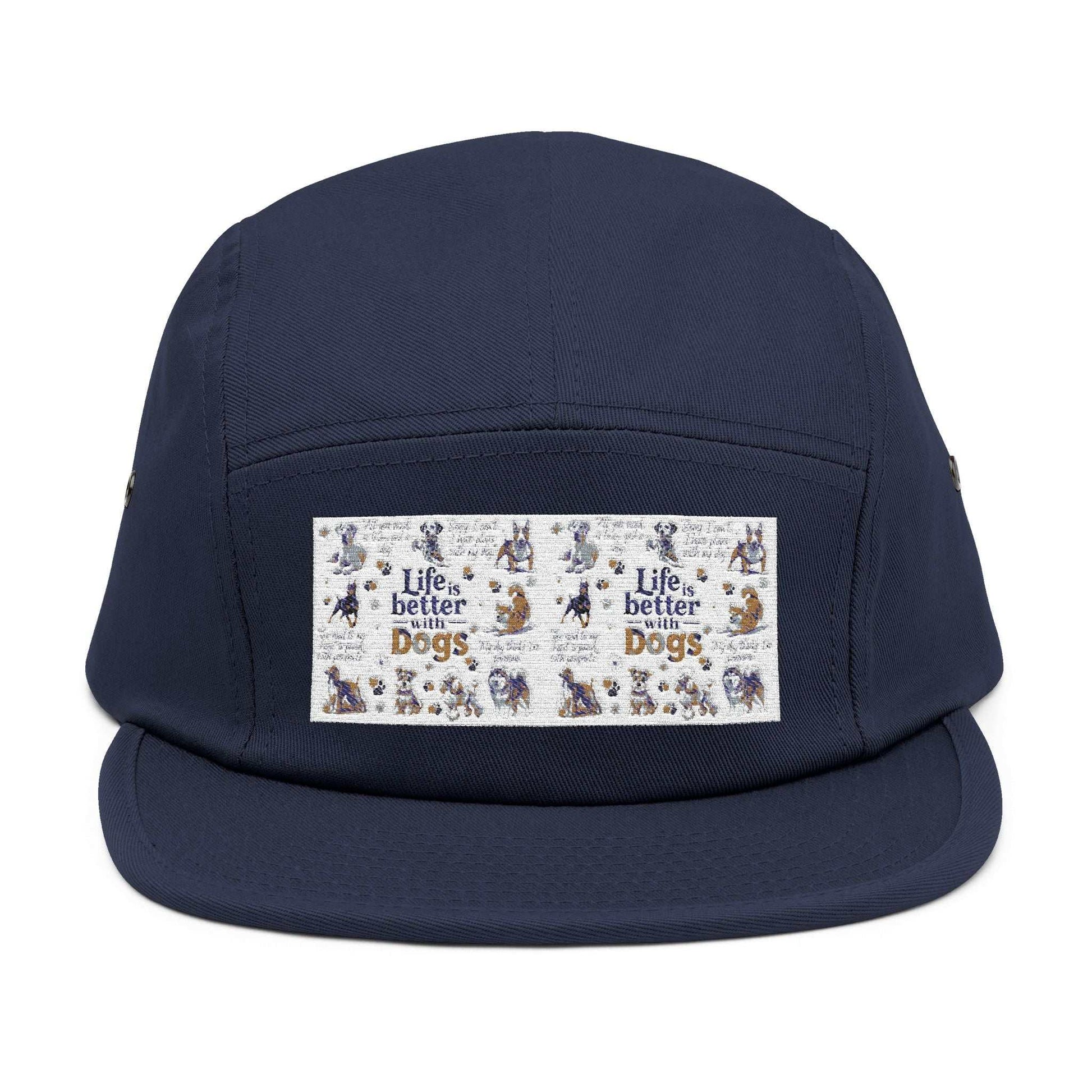 Dog Lovers 5 Panel Cap with "Life's Better with Dogs" embroidery, navy color, outdoor and casual wear, adjustable strap.
