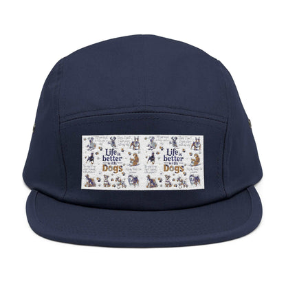Dog Lovers 5 Panel Cap with "Life's Better with Dogs" embroidery, navy color, outdoor and casual wear, adjustable strap.