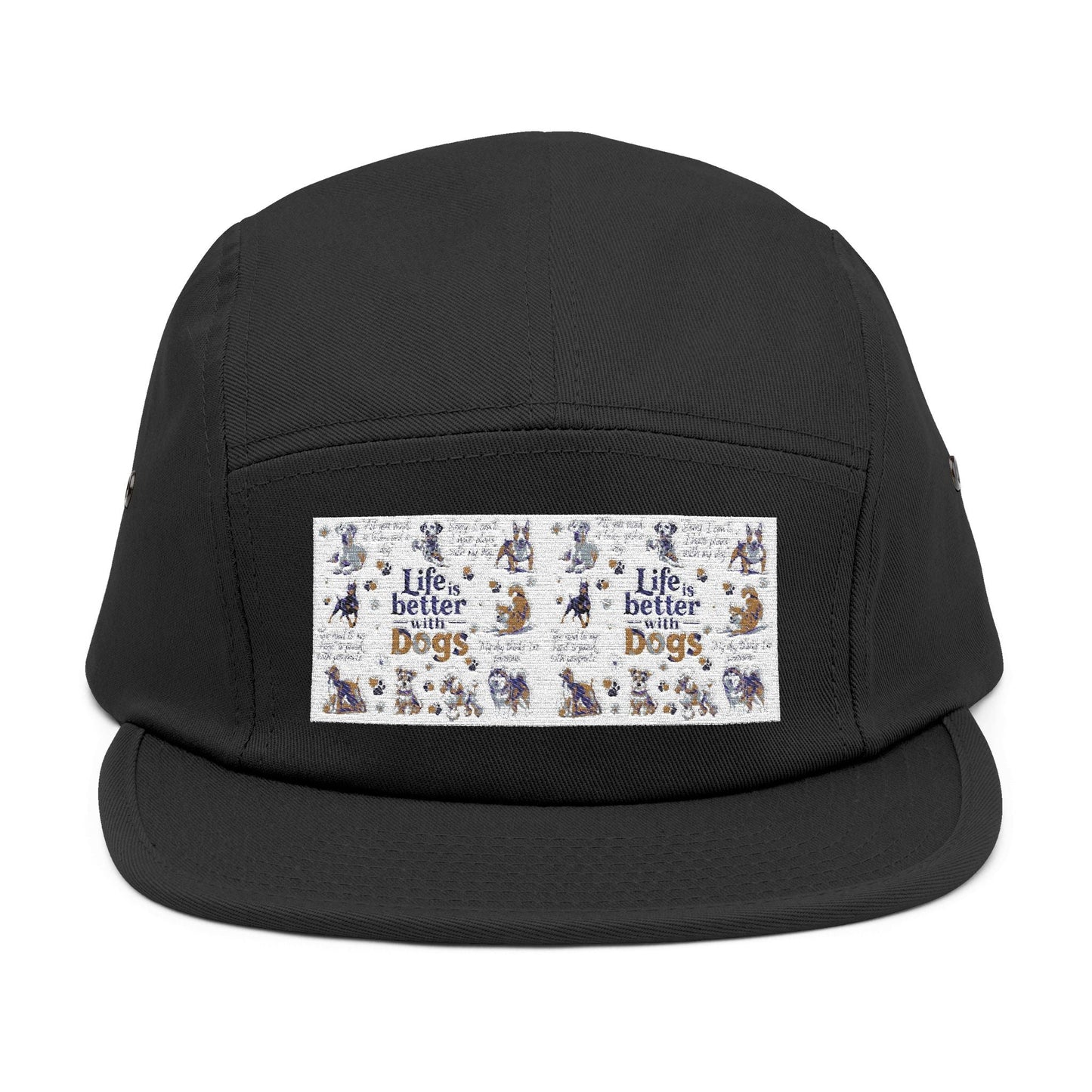 Dog Lovers 5 Panel Cap with "Life's Better with Dogs" embroidery, cotton low-profile cap with adjustable strap.