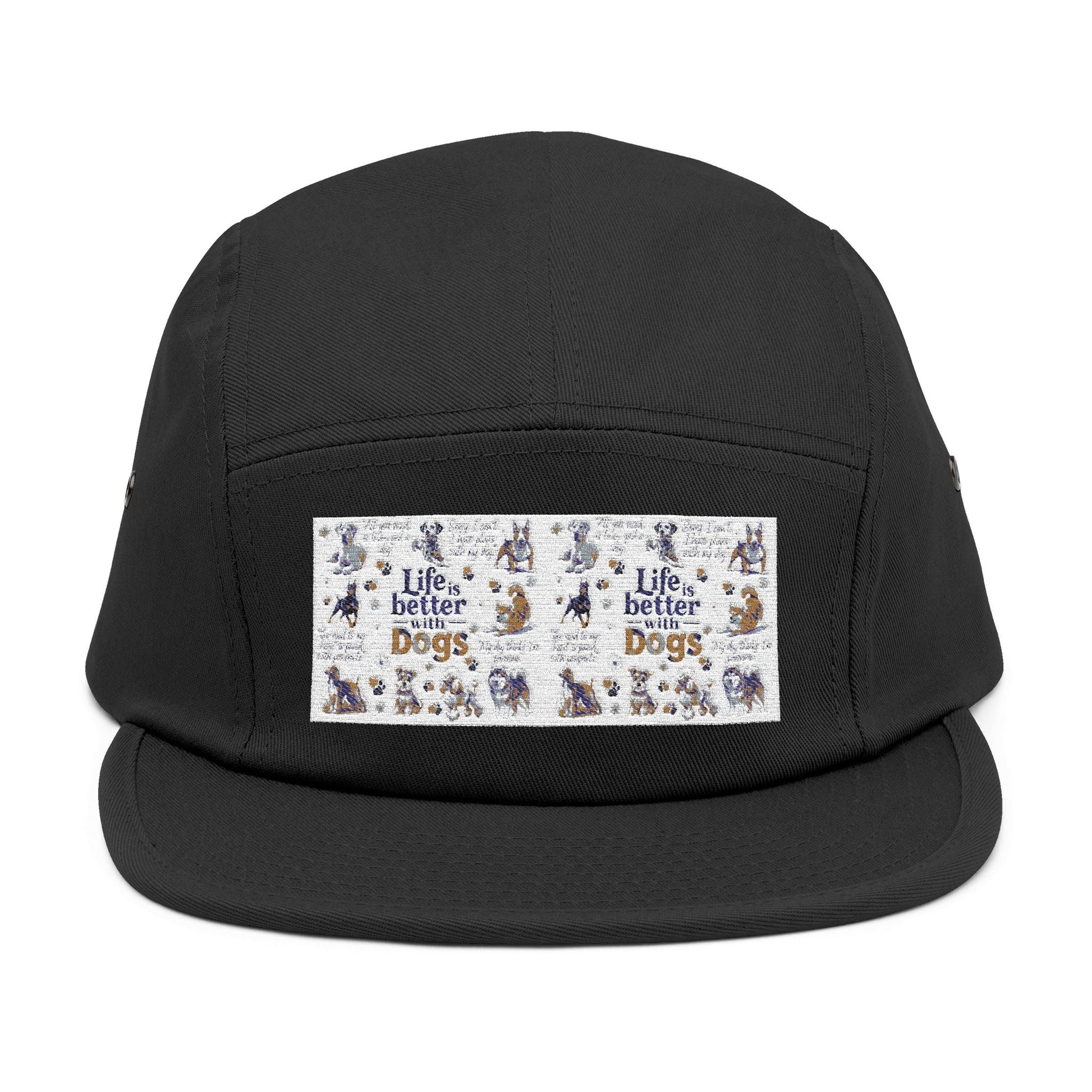 Dog Lovers 5 Panel Cap with "Life's Better with Dogs" embroidery, cotton low-profile cap with adjustable strap.