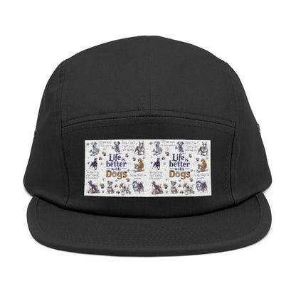 Dog Lovers 5 Panel Cap with "Life's Better with Dogs" embroidery, cotton low-profile cap with adjustable strap.