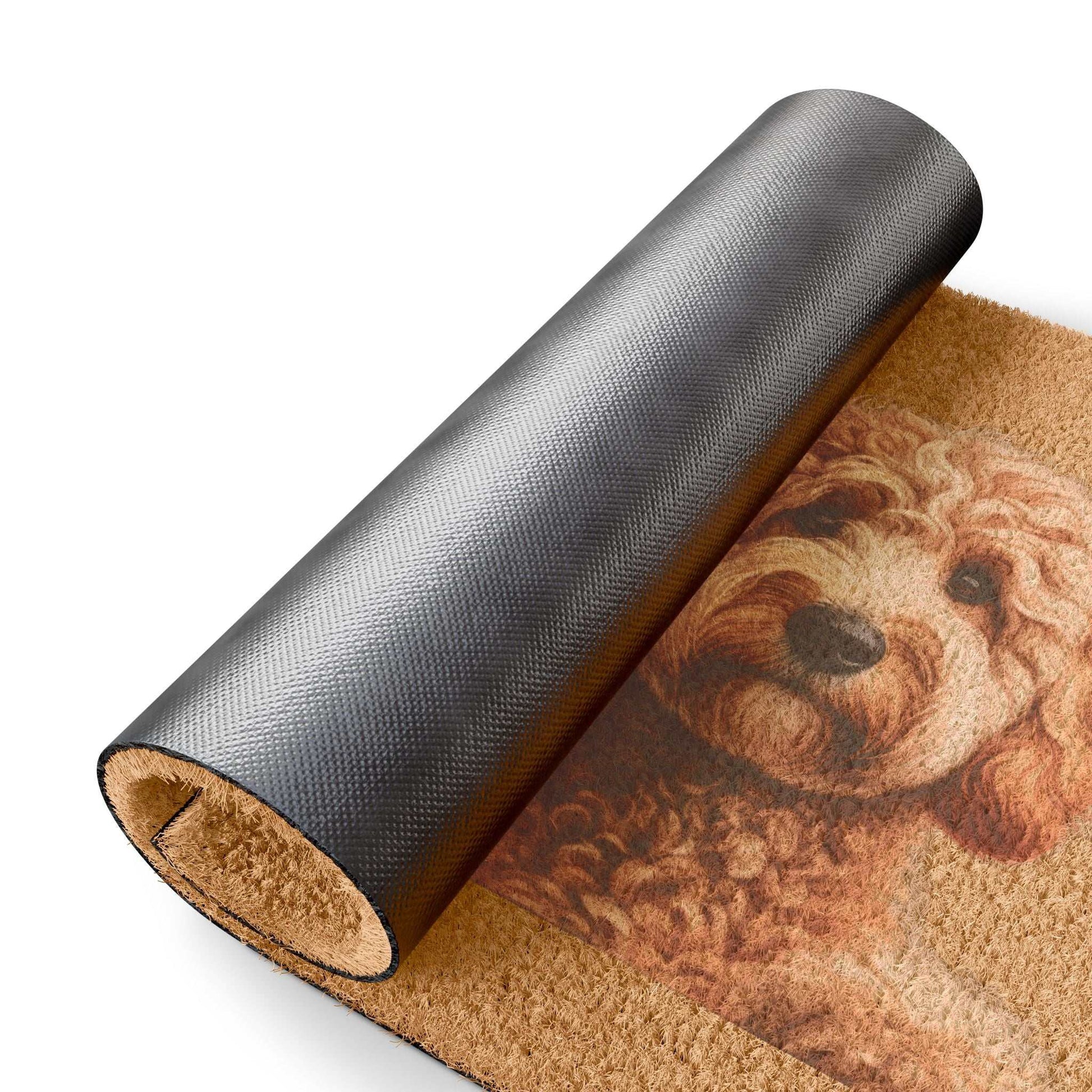 Personalized doormat with custom design, made from tufted coir coconut fiber and black vinyl backing, perfect for outdoor use.