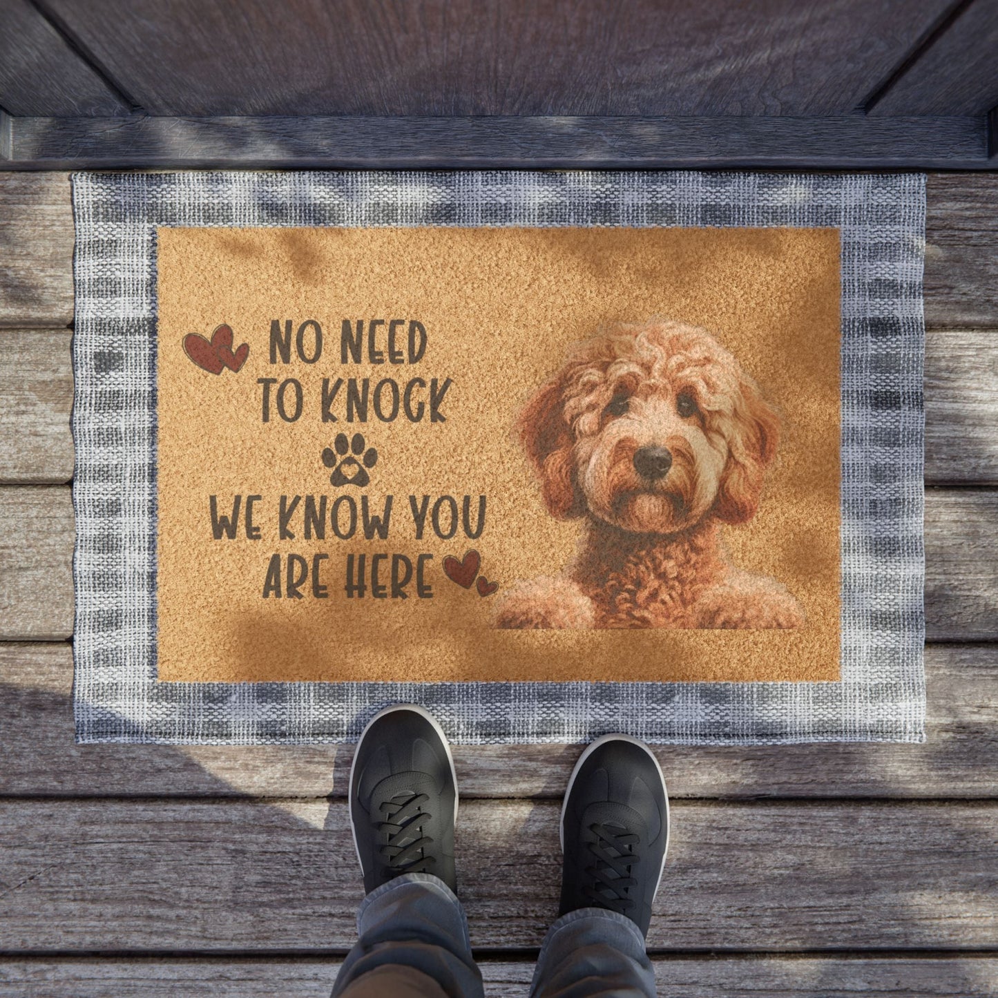 Personalized doormat with pet design, 24" x 16", made from coir coconut fiber, ideal for outdoor use.