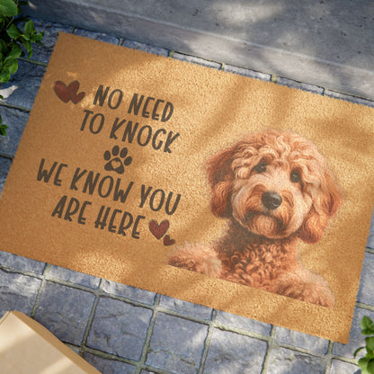 Personalized doormat with dog design, 24" x 16", tufted coir coconut fiber, outdoor use.
