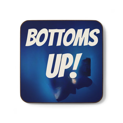Fun vintage design hardboard coaster with "Bottoms Up!" text.